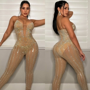Sparkling mesh rhinestone bodysuit for women with sexy sheer sheer pattern
