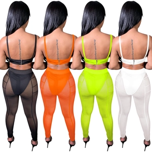 Conjunto de dos piezas con top corto y pantalones de malla transparente en cuatro colores