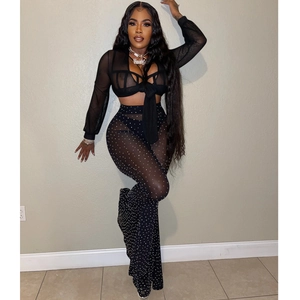 Detailed view of sheer mesh top with tie-up neck and rhinestone flared trousers
