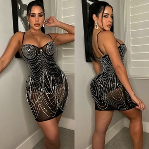 Sexy black bodycon mini dress with sparkling rhinestones and mesh tassels for parties