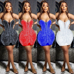 Women Sexy V Neck Rhinestone Cami Dress Mesh Patchwork Bodycon Mini Dress Nightclub Party Elegant Slim Fit Sling Dress