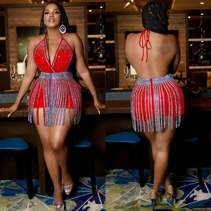Sexy red halter neck rhinestone two-piece set with long silver diamond fringe and open back