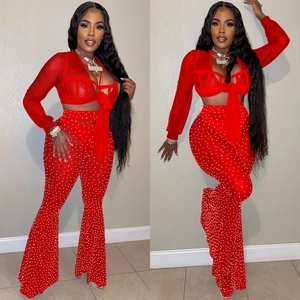Sexy red mesh long sleeve crop top and rhinestone flare pants set for nightclub parties