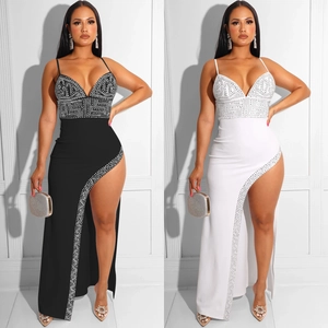 Damen Sexy V-Ausschnitt Strass Spaghetti Träger Maxi Kleid Hoher Schlitz Unregelmäßiger Saum Ärmellos Party Abendkleid