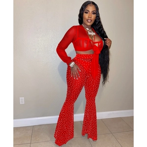 Detail of red mesh crop top with lace-up bow and high-waisted rhinestone flared trousers