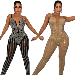 Detail of sheer mesh jumpsuit featuring luxury rhinestone fan pattern and V-neckline