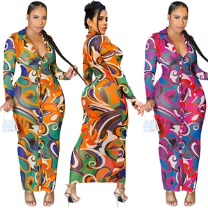 Women's sexy mesh see-through long sleeve dress with vintage swirl print and V-neck