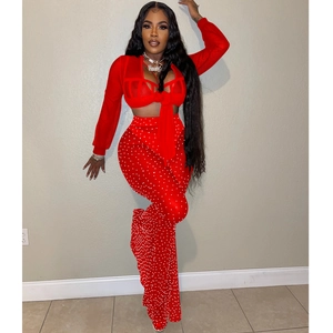 Detail of red mesh crop top with cross-tie bra and rhinestone high waist trousers