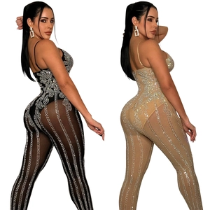 Women's rhinestone mesh sheer bodysuit with thin straps and trousers in black and nude
