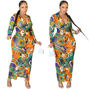 Detail of colorful abstract print on long sleeve mesh maxi dress with button closure