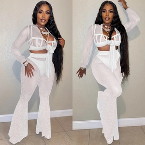 Sexy white three-piece mesh set with pearls, long sleeve tie-up top and flare pants