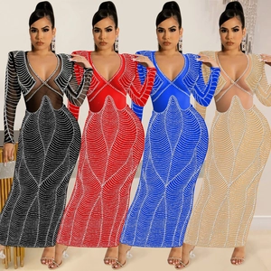 Women Sexy V Neck Rhinestone Mesh See Through Long Sleeve Maxi Dress Slim Fit Fishtail Evening Party Nightclub Dress