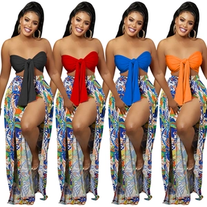Detail view of multi-color bohemian tube top and high-slit print skirt sets