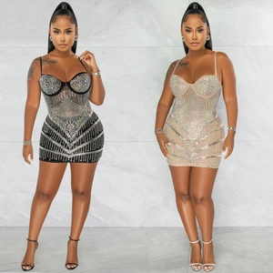 Sexy Women Rhinestone Mesh Bodycon Mini Dress V Neck Spaghetti Strap Glitter Nightclub Party Sleeveless Pencil Dress