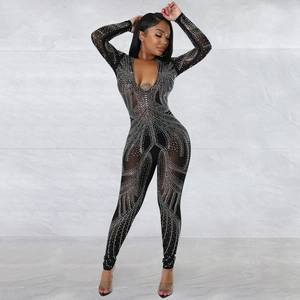 Detailed view of sheer mesh jumpsuit with sparkling silver rhinestones and deep V-neck
