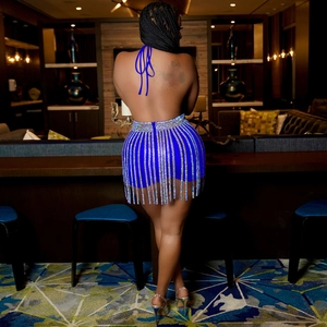 Sexy royal blue halter backless top and rhinestone fringe mini skirt two-piece set