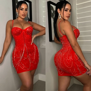 Sexy red bodycon mini dress with rhinestones and hanging metal chains detail