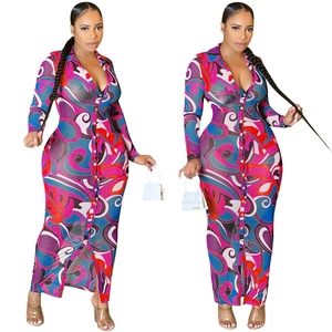 Side and front view of a sexy mesh long sleeve dress with colorful abstract floral print
