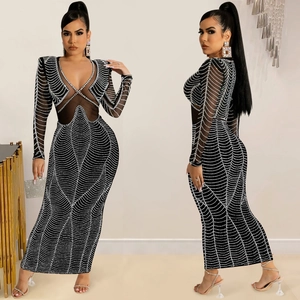 Sexy black mesh V-neck long sleeve maxi dress with silver rhinestones and wavy patterns