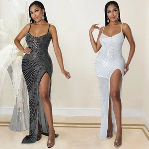 Women Sexy V-Neck Sleeveless Rhinestone Mesh See-Through High Split Maxi Dress Elegant Luxury Bodycon Evening Party Dress