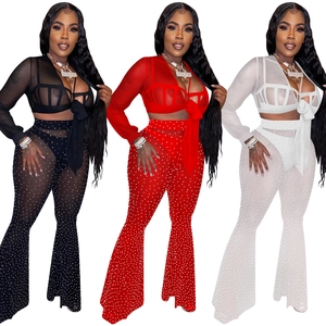 Detailed close-up of rhinestone mesh 3-piece set with long sleeves and flared pants