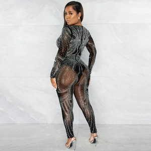 Detail of sheer mesh jumpsuit featuring sparkling silver rhinestones in a sunburst pattern