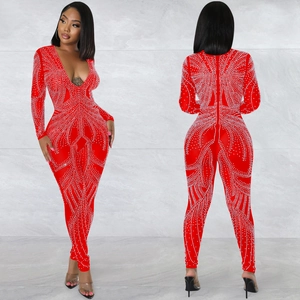 Sexy red long sleeve mesh jumpsuit with deep V-neck and sparkling silver rhinestones