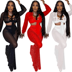 Three-piece mesh set with rhinestone trousers in black, red, and white color options