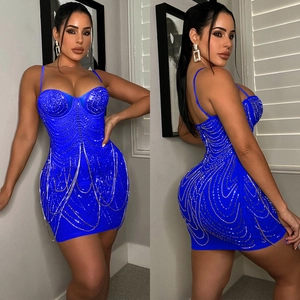 Detail view of royal blue mini dress featuring silver chain fringe and bustier bodice