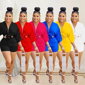 Women's Casual Two Piece Shorts Set Deep V-Neck Tie Front Short Sleeve Crop Top And High Waist Bodycon Shorts Summer Tracksuit