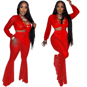Close-up of red mesh crop top with lace-up hollow out design and sequin flare pants