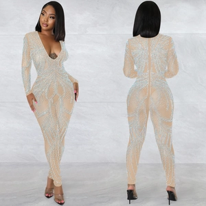 Sheer mesh jumpsuit with silver rhinestones, deep V-neck and long sleeves for women