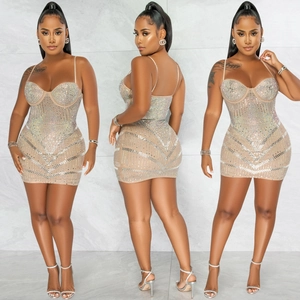Detail view of skin color mesh mini dress with silver rhinestones from multiple angles