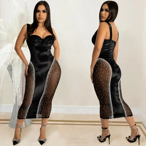 Elegant black bodycon midi dress featuring sheer mesh side panels and sparkling rhinestones