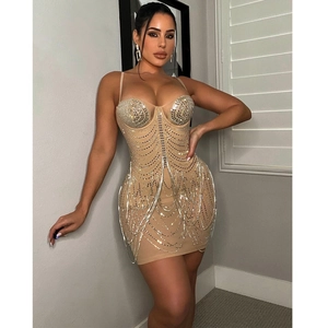 Close-up of rhinestone bra cups and silver chain fringe on a nude party mini dress