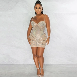 Detailed close-up showing the shimmering silver rhinestones on the beige mesh fabric dress