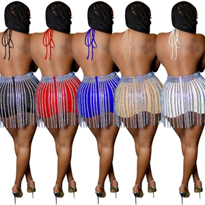 Women's sexy halter backless top and sequin tassel mini skirt set in five vibrant colors