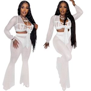 Detail of sheer mesh sleeve and rhinestone embellishments on a white two-piece set