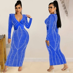 Sexy navy blue bodycon long dress with deep V-neck and sparkling rhinestone web pattern