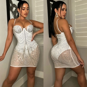 Sexy white rhinestone mini dress with sheer mesh and sparkling silver metal chains
