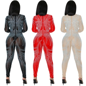 Sexy see-through mesh jumpsuit with sparkling rhinestones in black red and nude colors