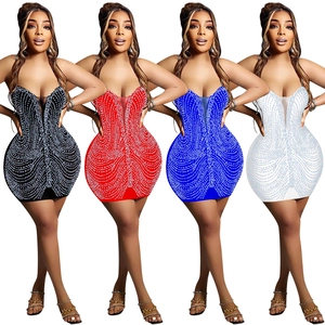 Detail showcasing sparkling rhinestone textures on sexy deep V-neck bodycon mini dresses
