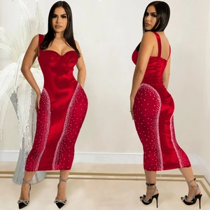 Sexy red bodycon satin midi dress with sweetheart neckline and sparkling rhinestone details