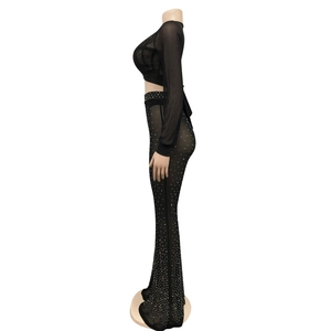 Close-up of sheer black mesh fabric featuring sparkly rhinestone accents on the sleeve