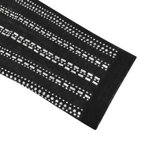 Detail of black mesh strap featuring four rows of sparkling silver rhinestones and crystals