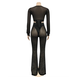 Detailed back view of mesh set with rhinestones and lace-up long sleeve top