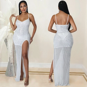 Elegant white rhinestone sequin dress with high slit and sheer mesh hemline