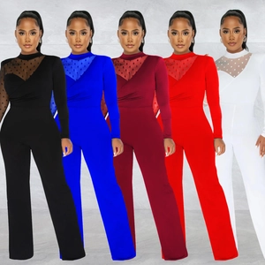 Women Elegant Polka Dot Mesh Patchwork Jumpsuit Sexy High Neck Long Sleeve Wide Leg Jumpsuit One Piece Party Romper Clubwear