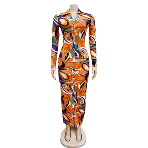 Detailed close-up of colorful geometric swirl pattern and white buttons on long sleeve dress