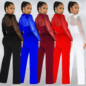 Polka dot mesh sleeve jumpsuits in five colors including black, blue, and red